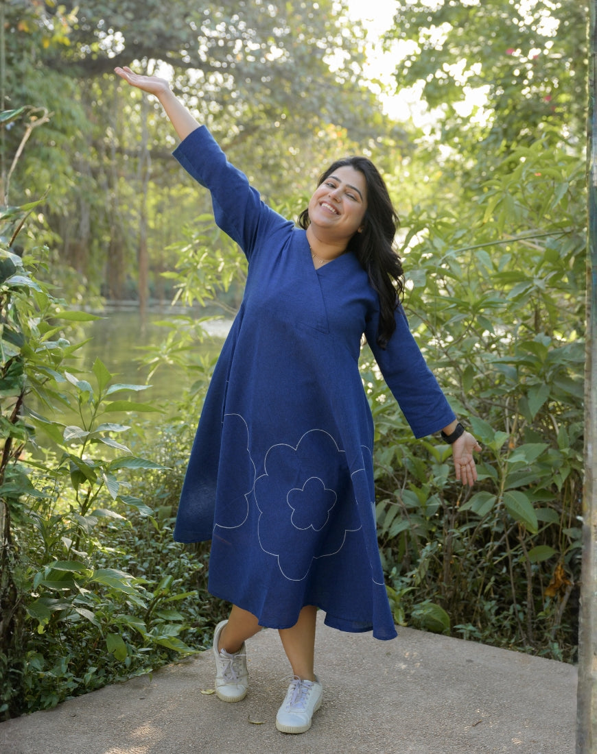 Shop Cotton Royal Blue Flare V-neck Dress Online - B-342-XS