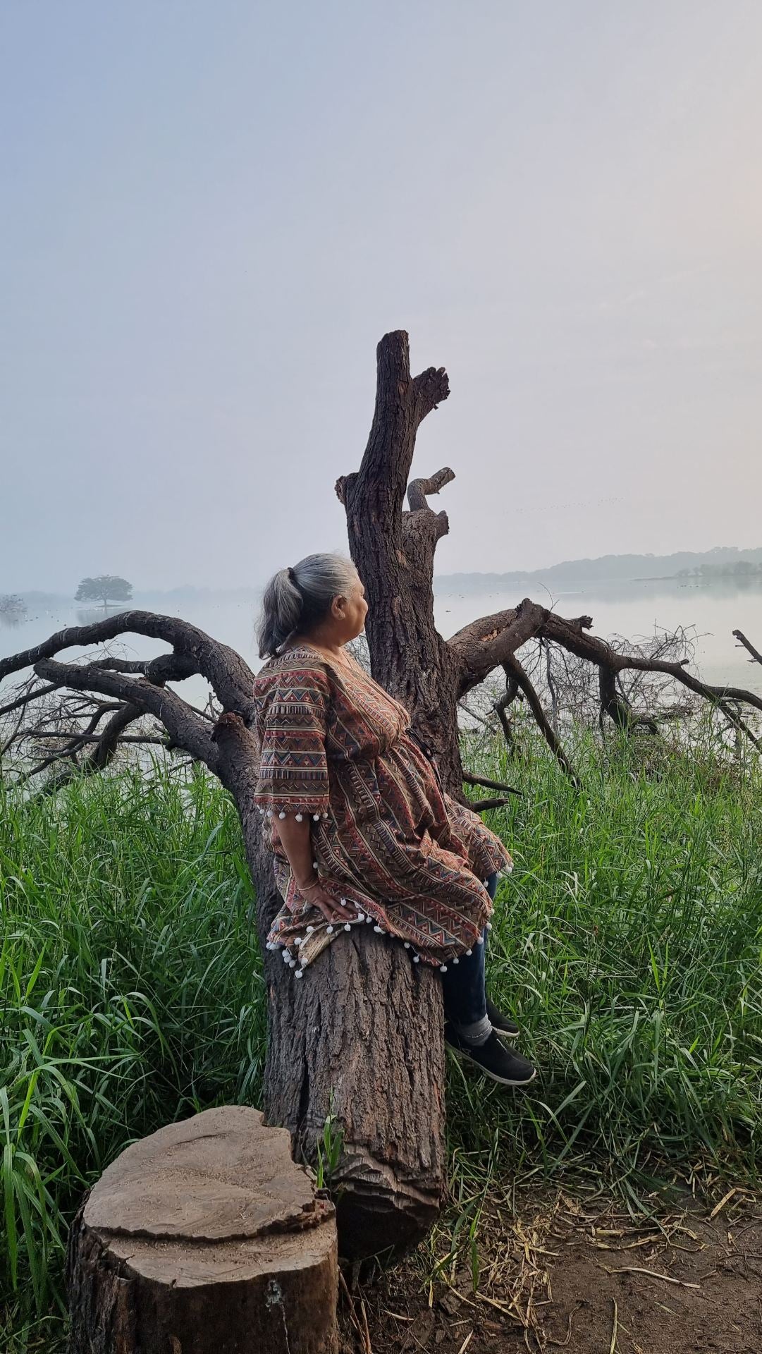 Woman sitting on a fallen tree near a lakeside surrounded by greenery in a peaceful natural setting.
