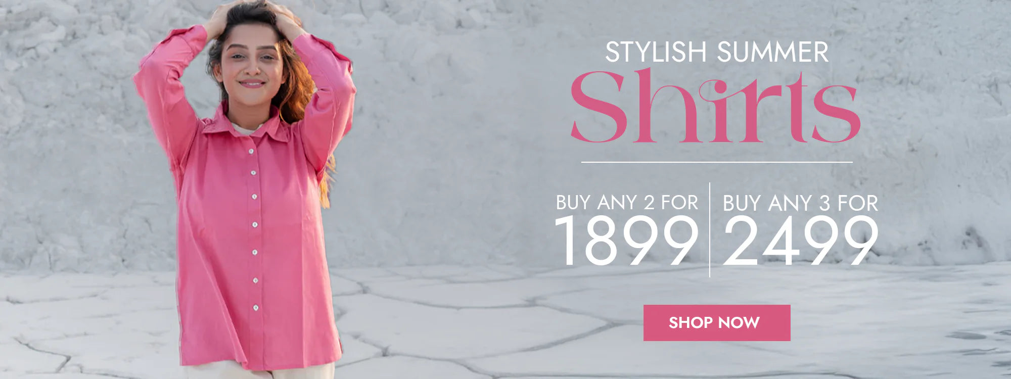 Woman wearing a pink shirt with promotional text for stylish summer shirts on a gray background