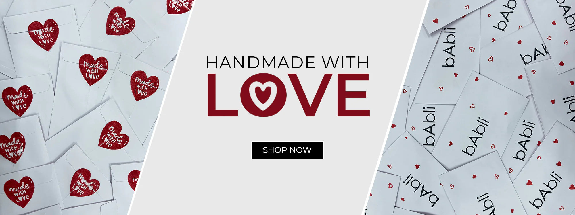 Product packaging with 'Handmade with Love' text and 'babilii' branding.