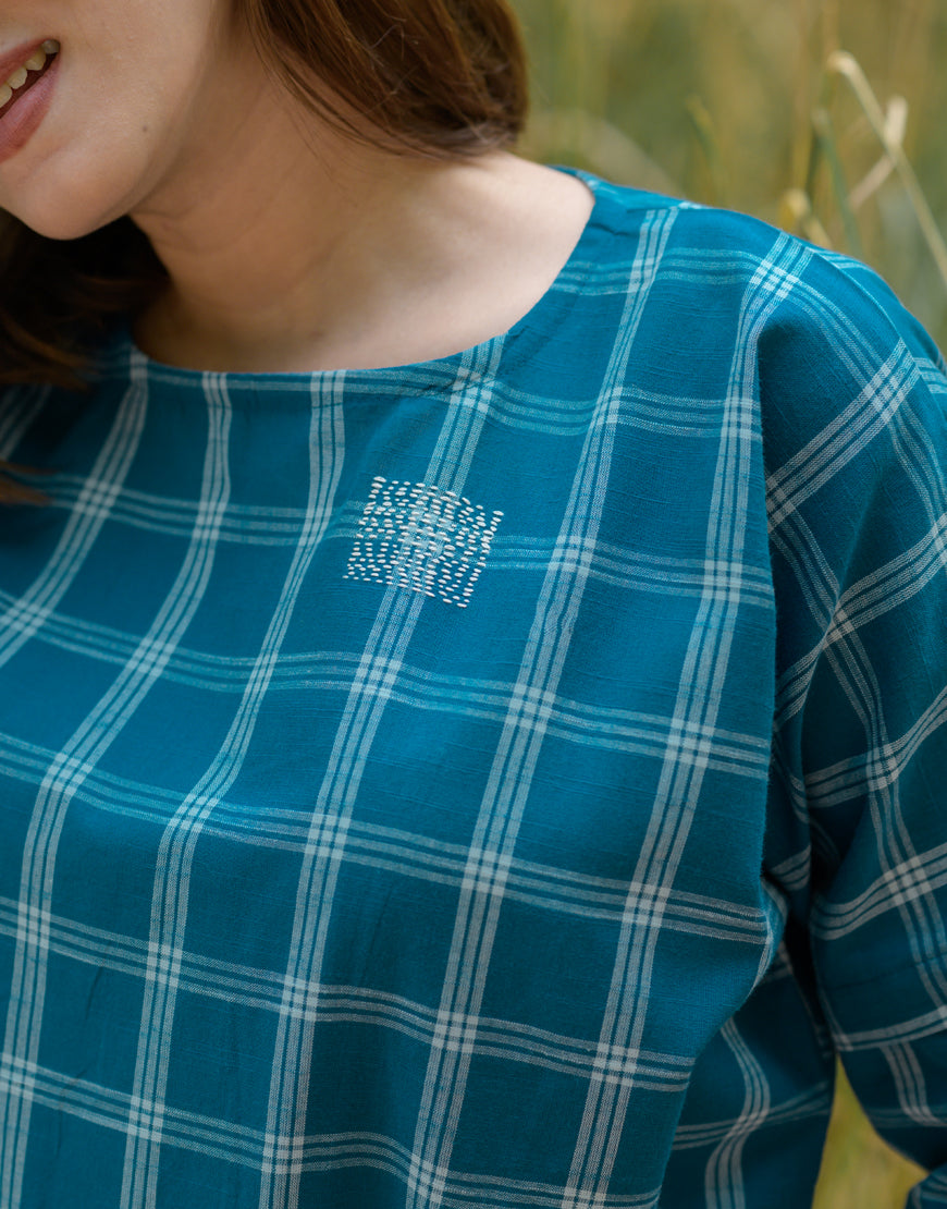 Blue and Cream Checkered Top