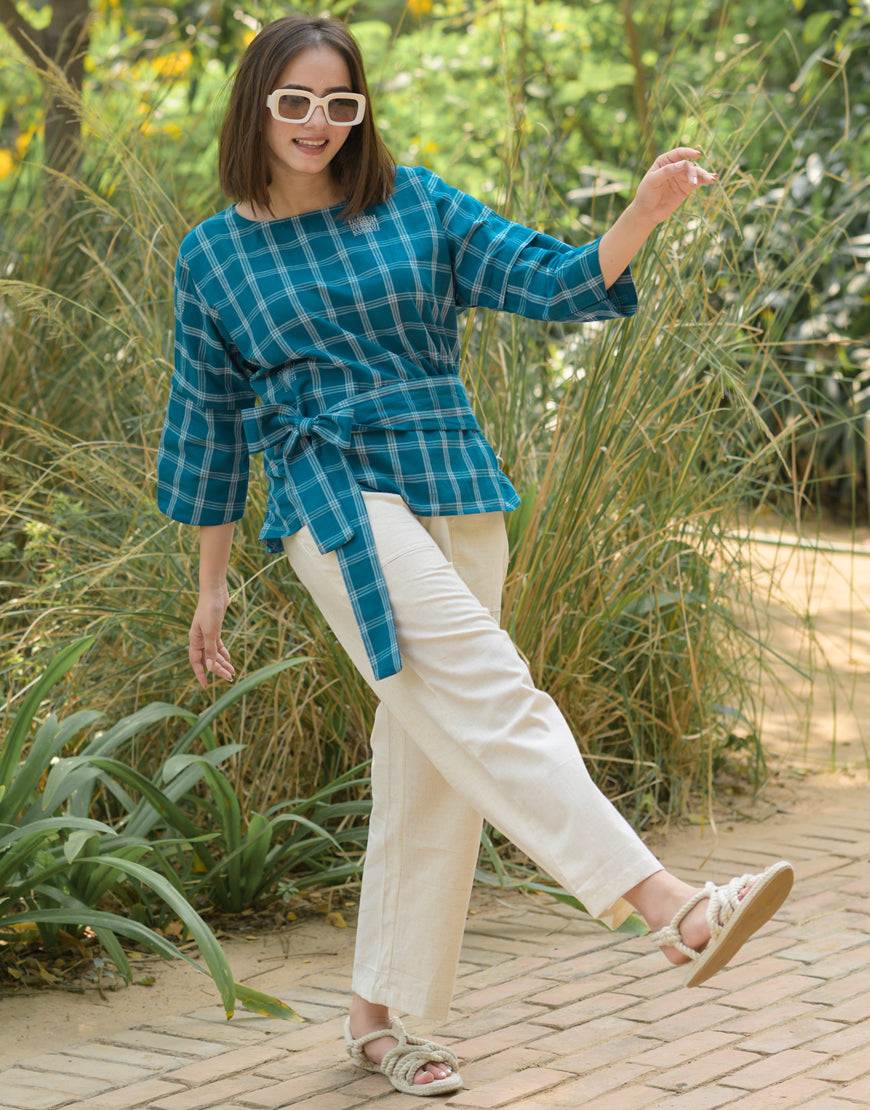 Blue and Cream Checkered Top