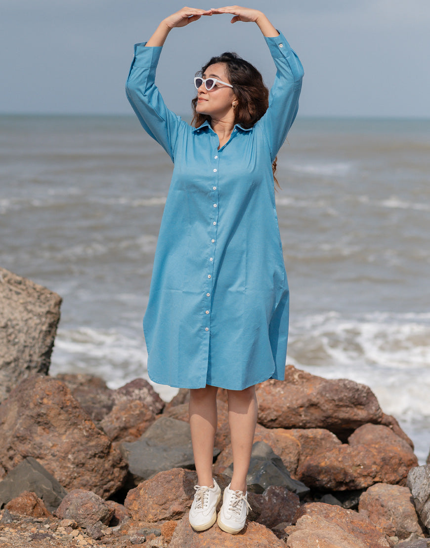 light blue shirt dress women Well Versed Long Sleeve Ruched Shirt Mini Dress | Blue | Womens main image 0