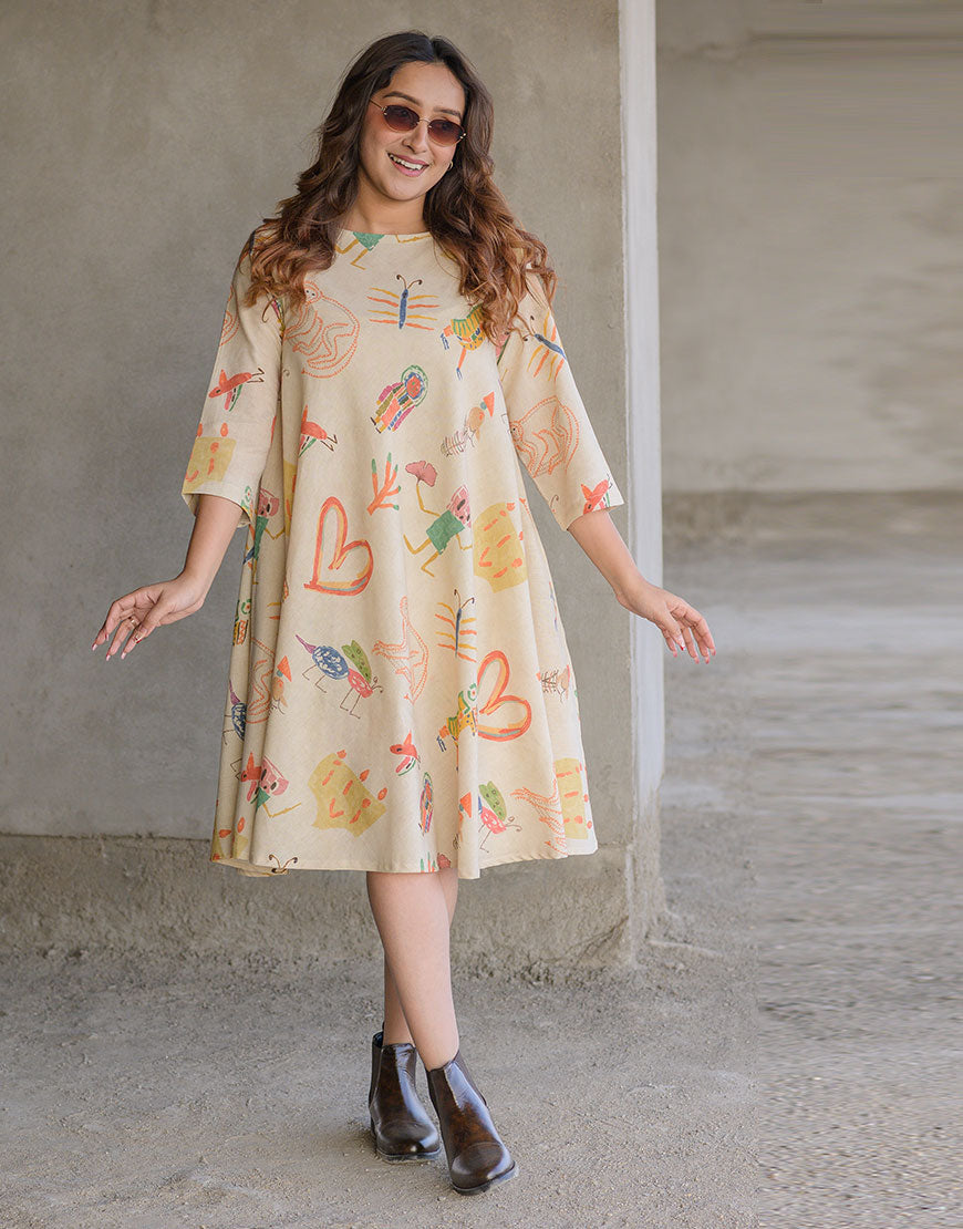 Creamy Quirky Swing Dress