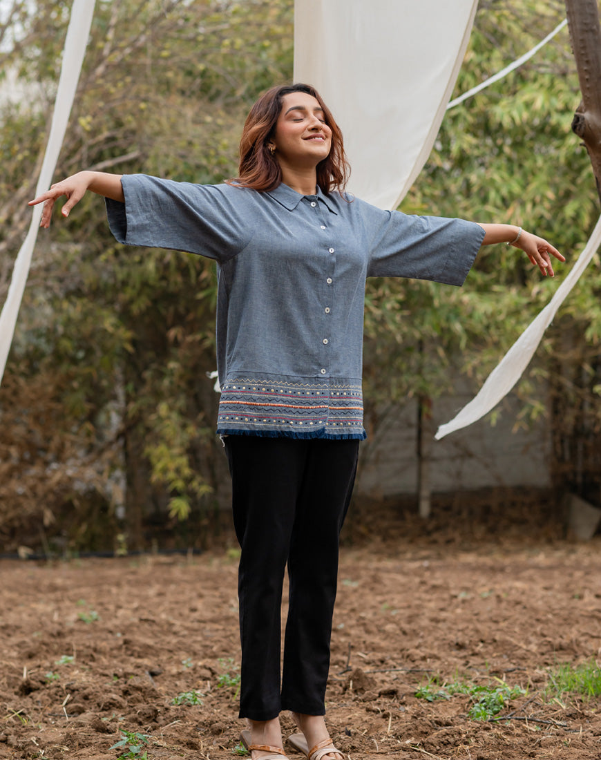 Denim Blue Embroidered Top
