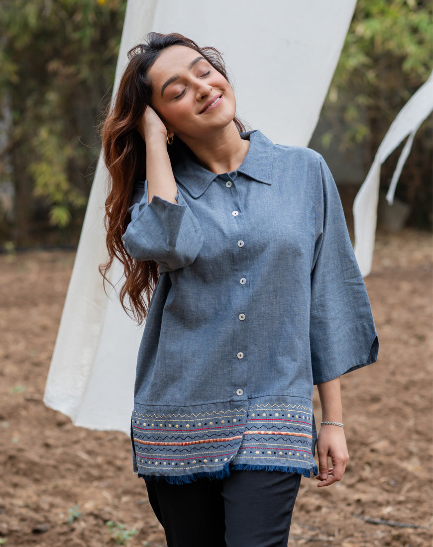 Denim Blue Embroidered Top