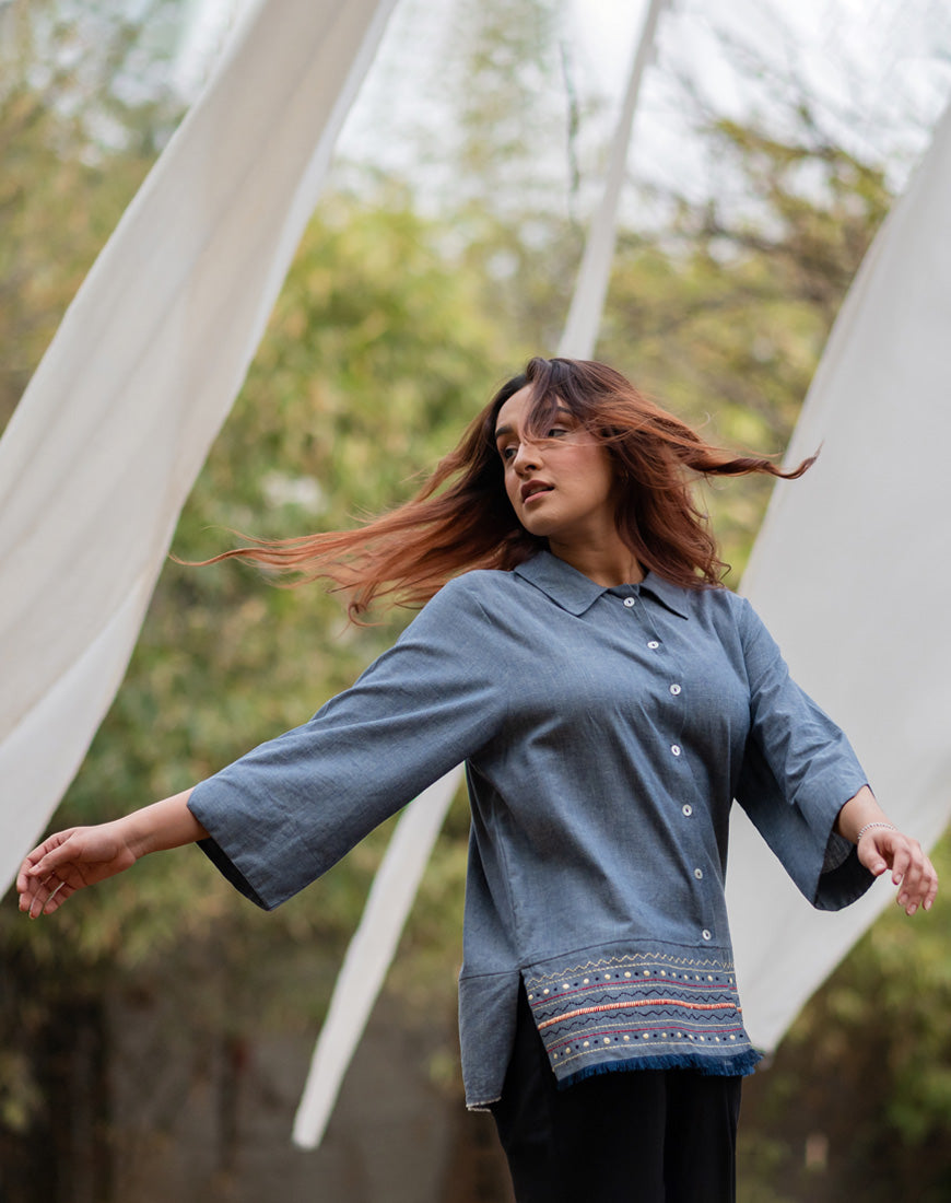 Denim Blue Embroidered Top