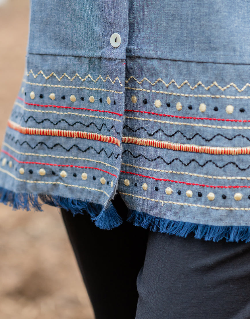 Denim Blue Embroidered Top