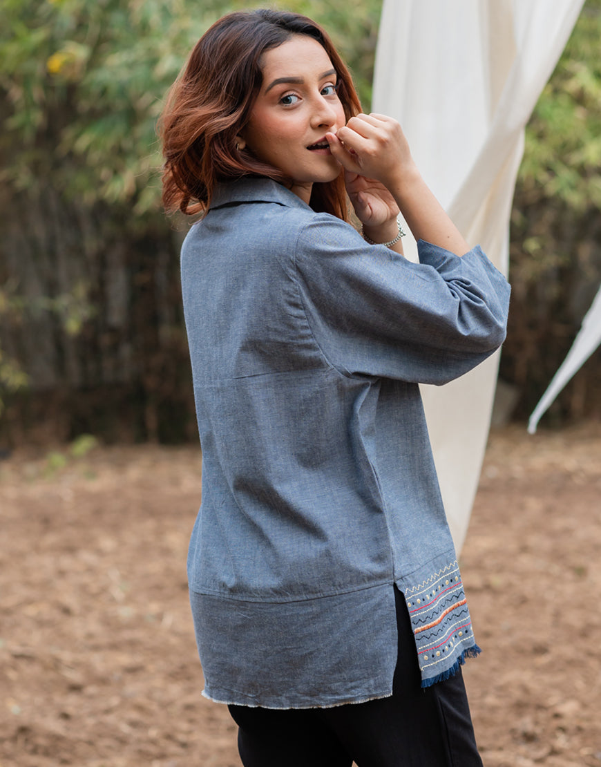Denim Blue Embroidered Top