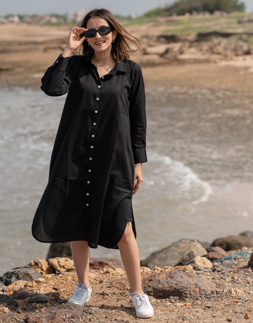 Black Indian Ink Black Shirt Dress | Handloom Cotton Dress for Women