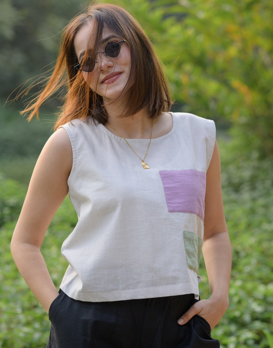 Ivory Color Block Crop Top