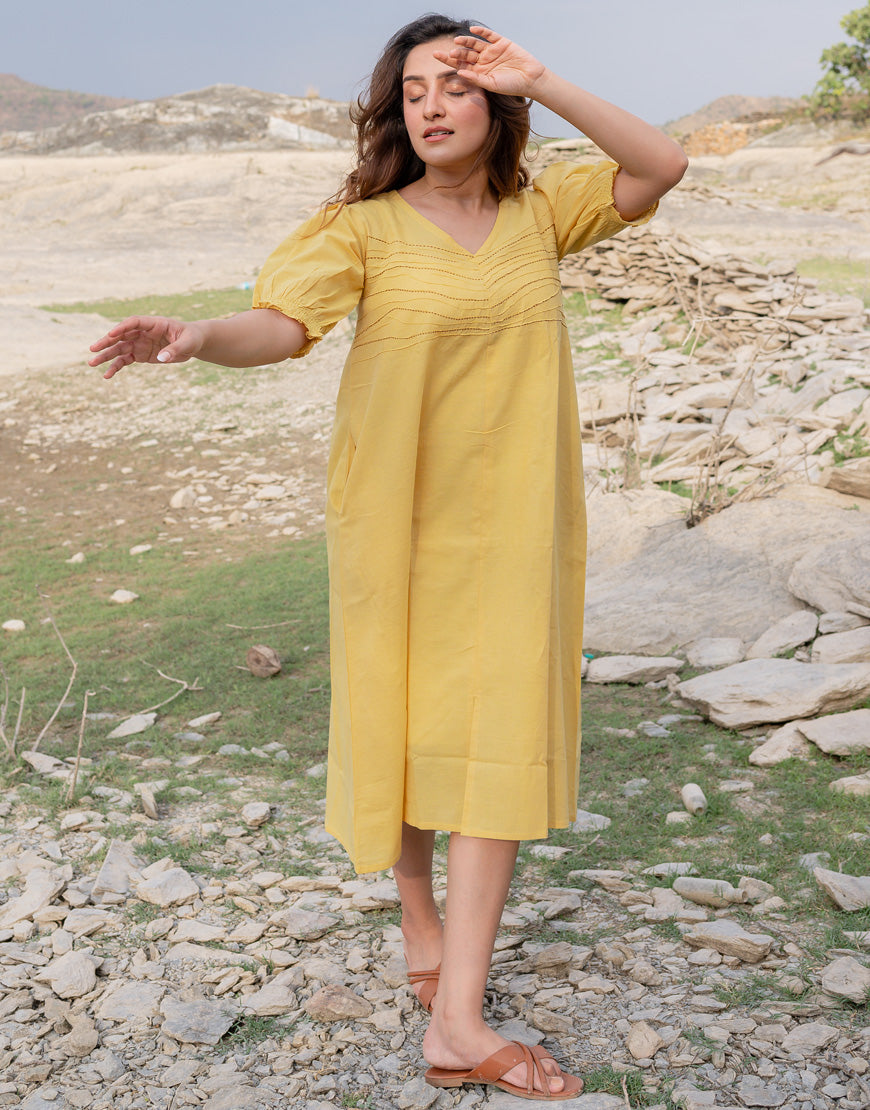 Shop Cotton Lemonade Yellow V-neck Dress Online Shop Cotton Lemonade Yellow V-neck Dress Online