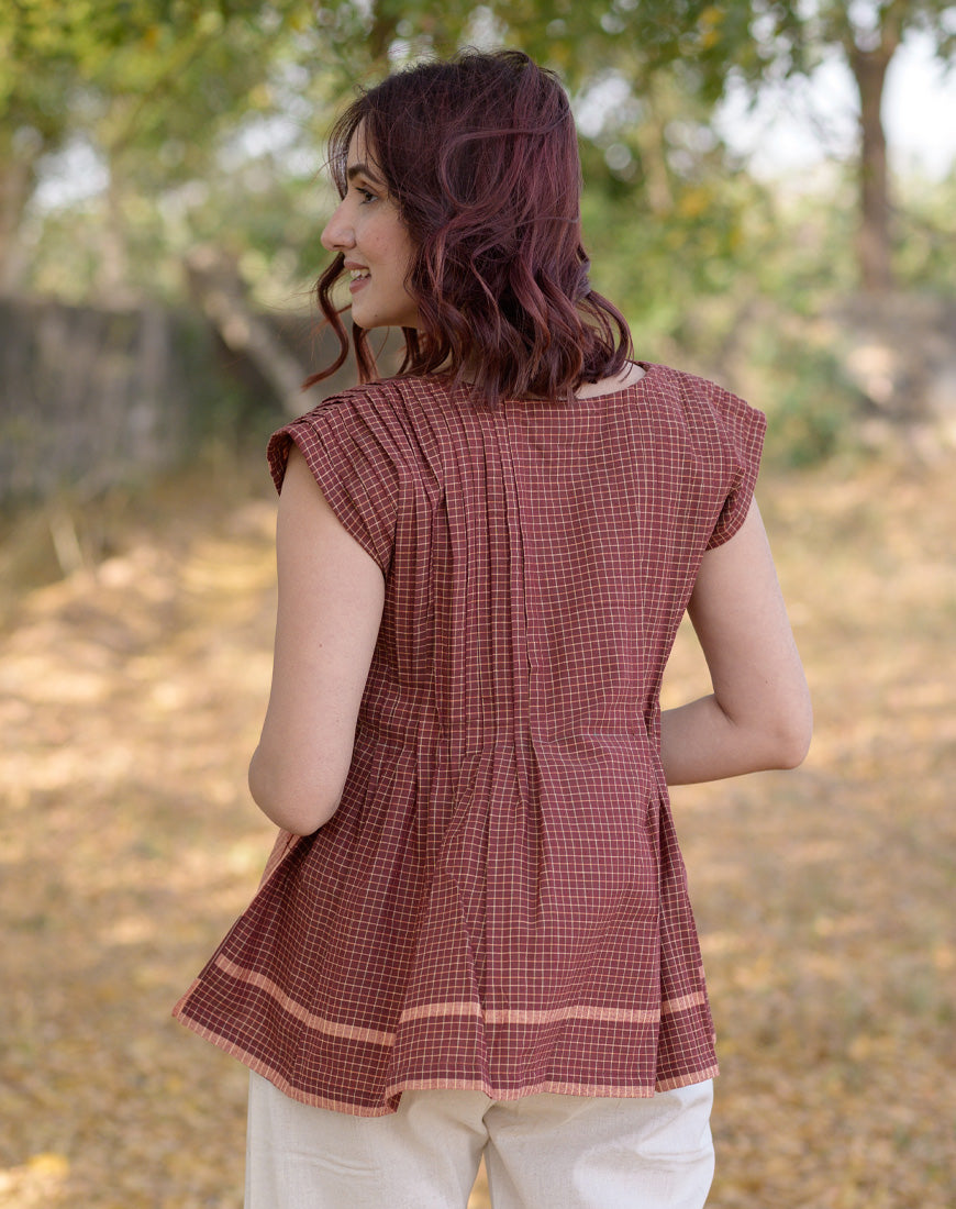 Maroon Waves Pleated Top