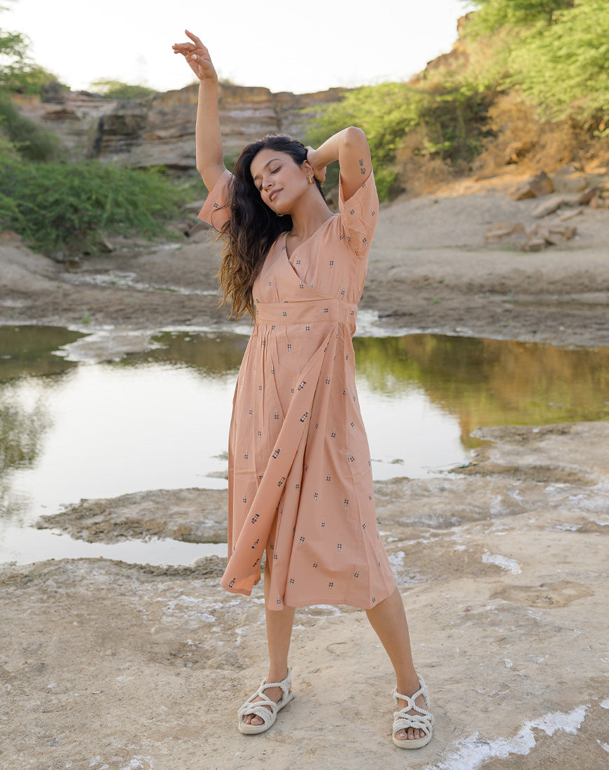 open lace back dress Shop Cotton Melon Peach V-neck Dress Online