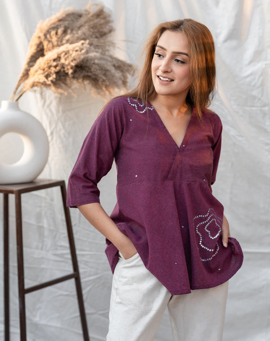 Wine Sequins Peplum Top