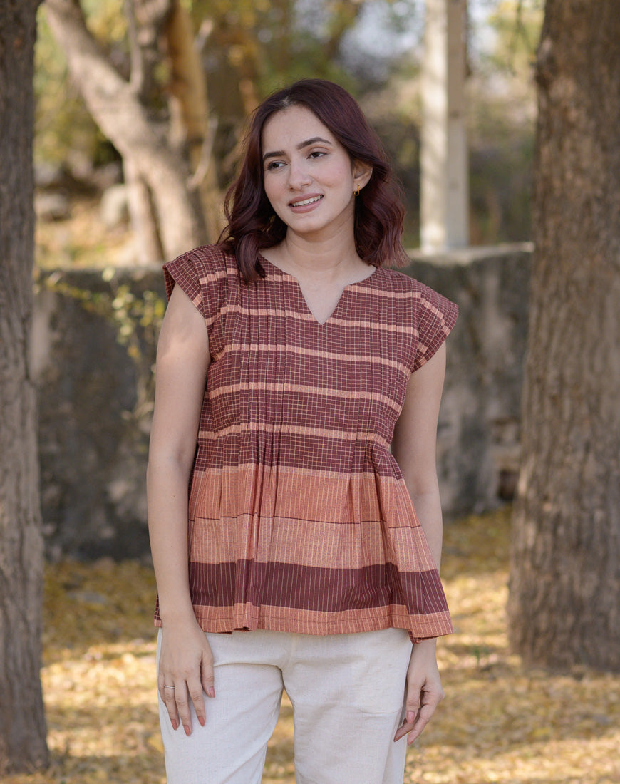 Maroon Waves Pleated Top