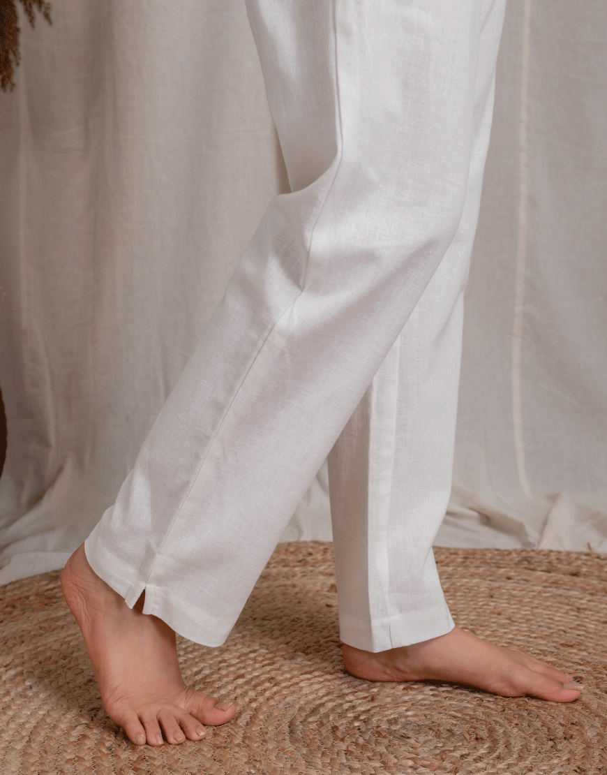 Powder White Cotton Straight Pants