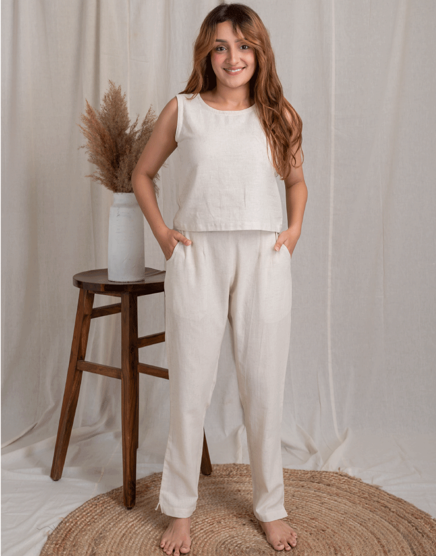 Khadi Cream Cotton Straight Pants