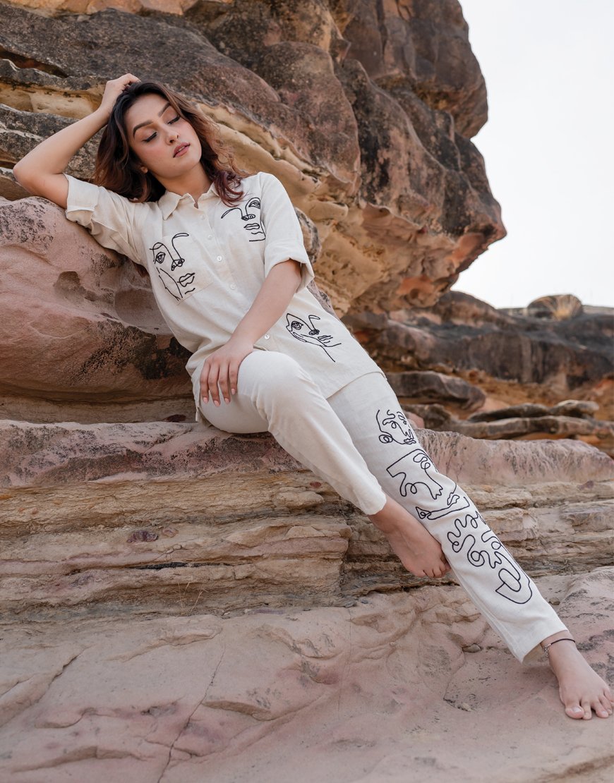 Artsy Khadi Cream Co-ord Set Shirt & Pant