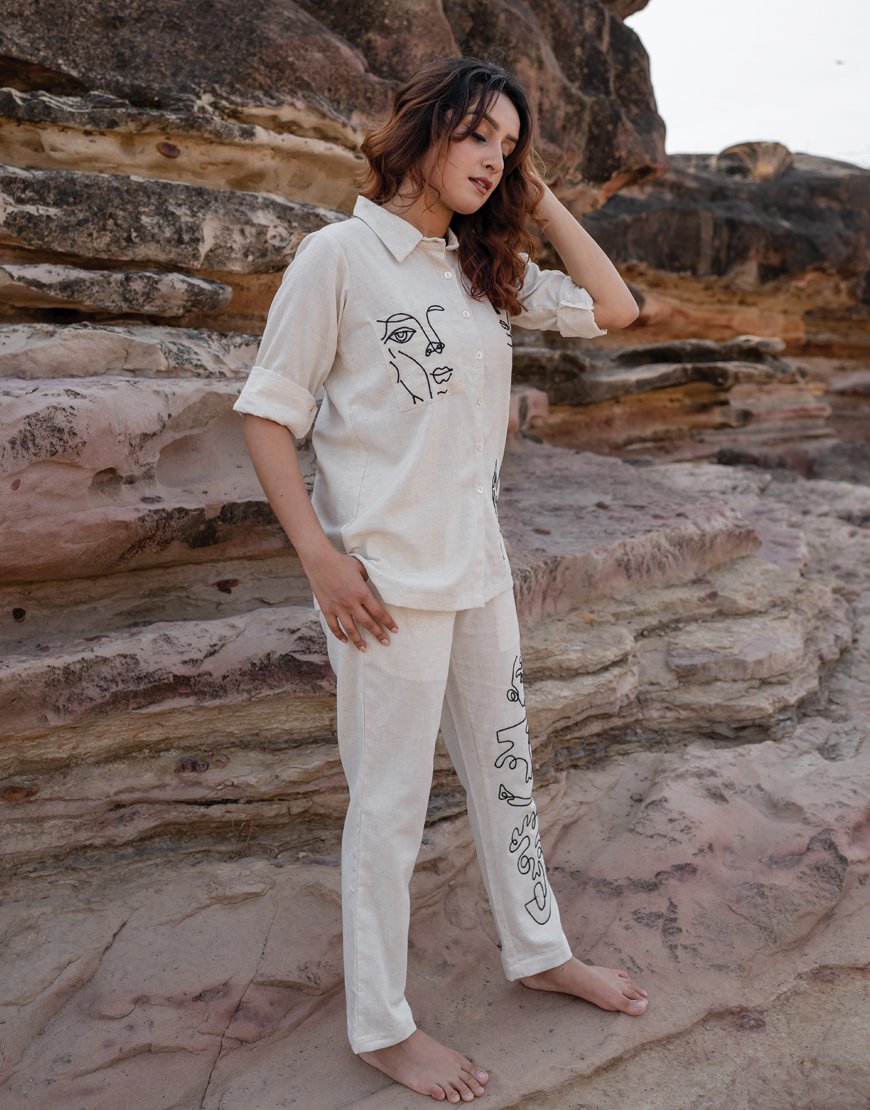 Artsy Khadi Cream Co-ord Set Shirt & Pant