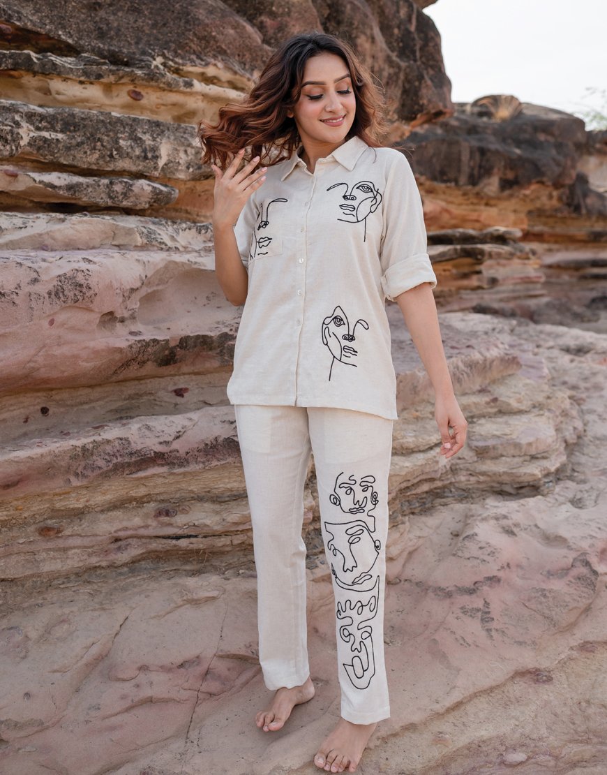 Artsy Khadi Cream Co-ord Set Shirt & Pant