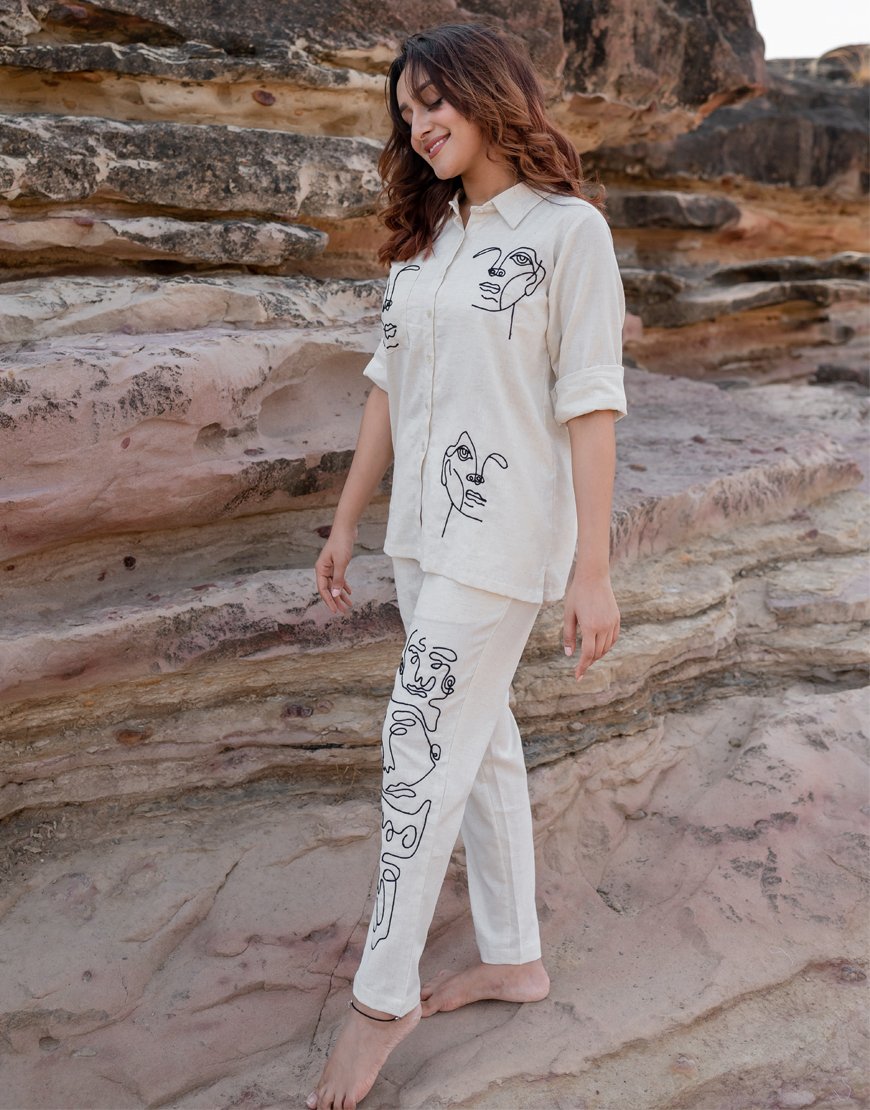Artsy Khadi Cream Co-ord Set Shirt & Pant