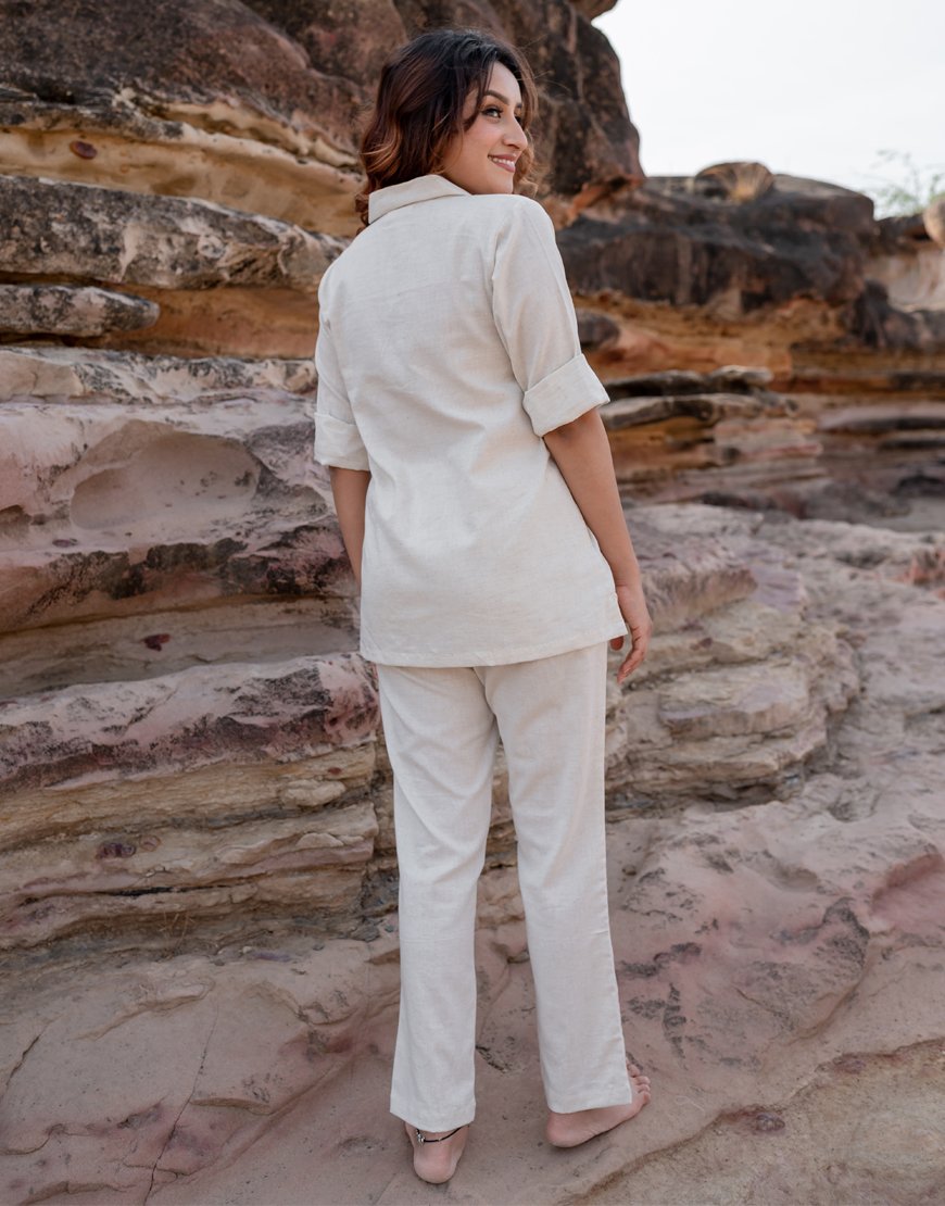 Artsy Khadi Cream Co-ord Set Shirt & Pant