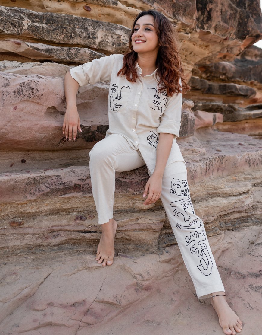 Artsy Khadi Cream Co-ord Set Shirt & Pant