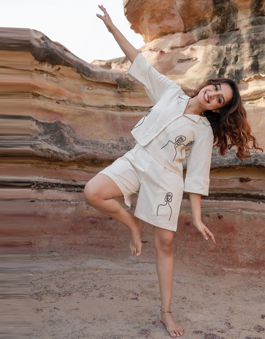 Artsy Khadi Cream Co-ord Set Shirt & Shorts