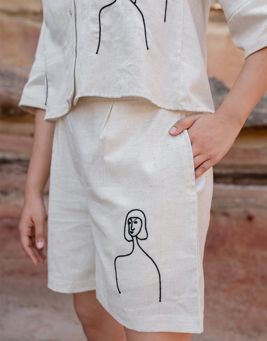 Artsy Khadi Cream Co-ord Set Shirt & Shorts