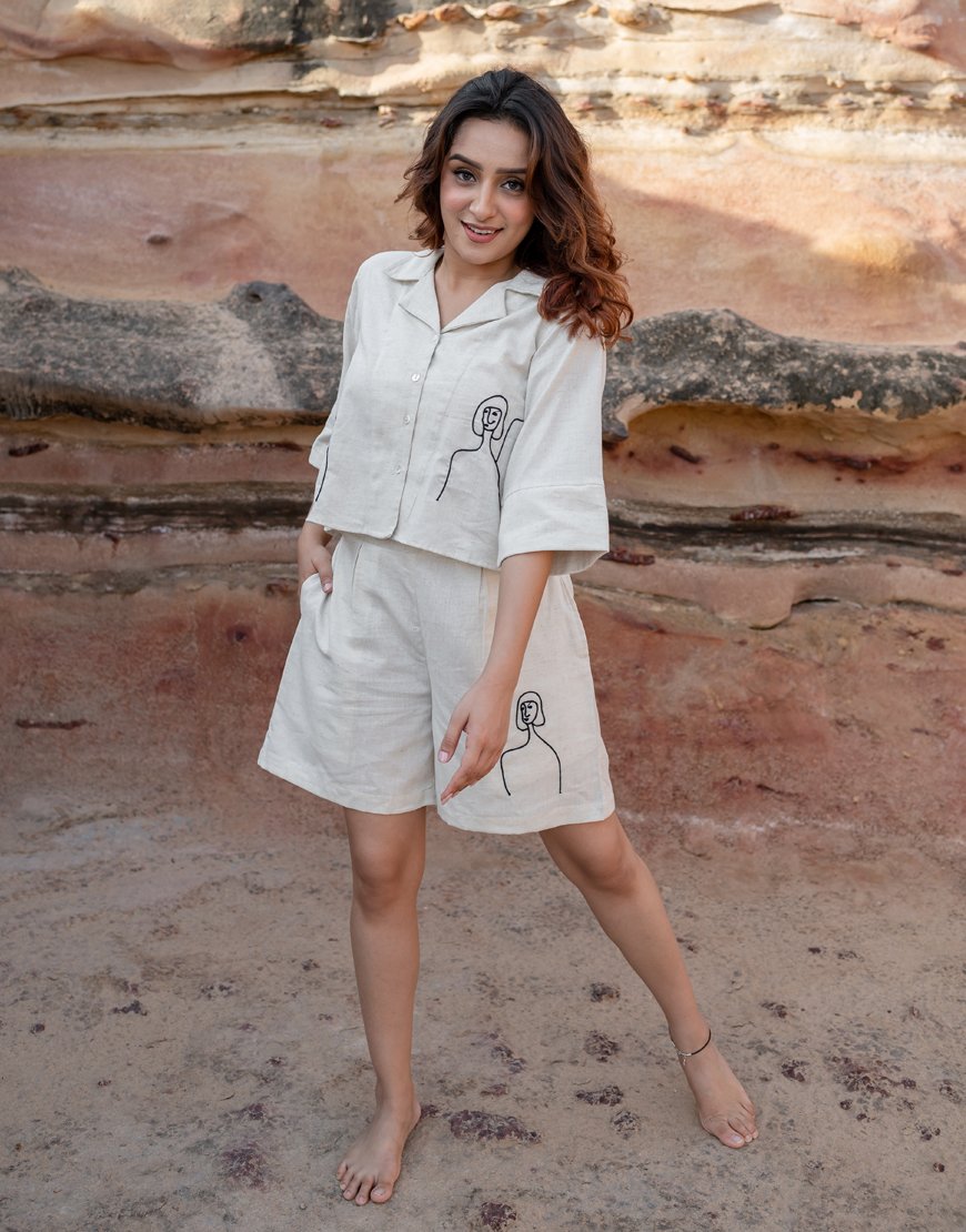 Artsy Khadi Cream Co-ord Set Shirt & Shorts