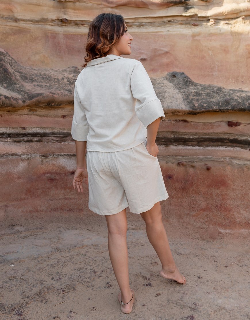 Artsy Khadi Cream Co-ord Set Shirt & Shorts