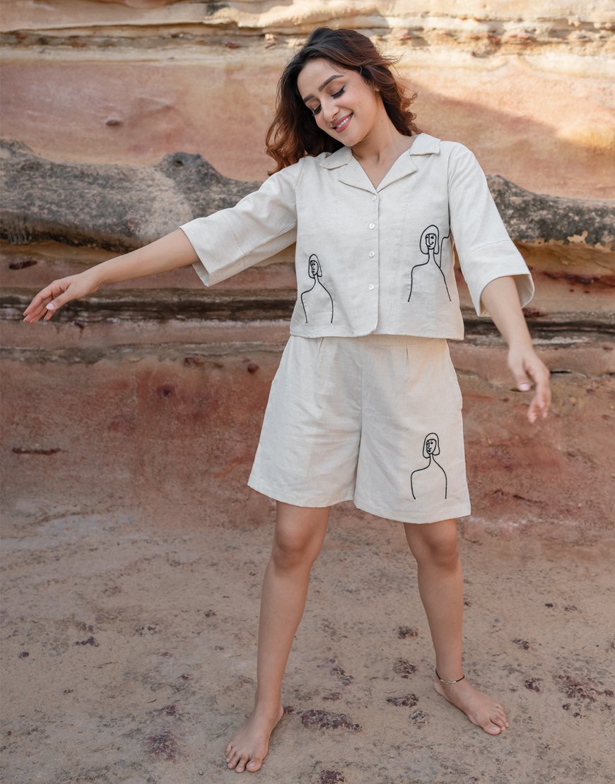 Artsy Khadi Cream Co-ord Set Shirt & Shorts