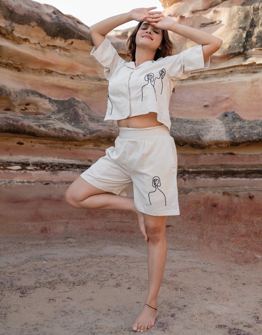 Artsy Khadi Cream Co-ord Set Shirt & Shorts