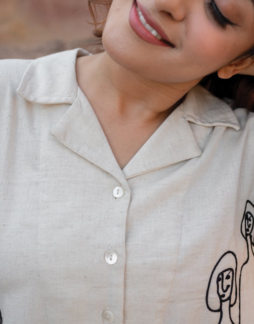 Artsy Khadi Cream Co-ord Set Shirt & Shorts