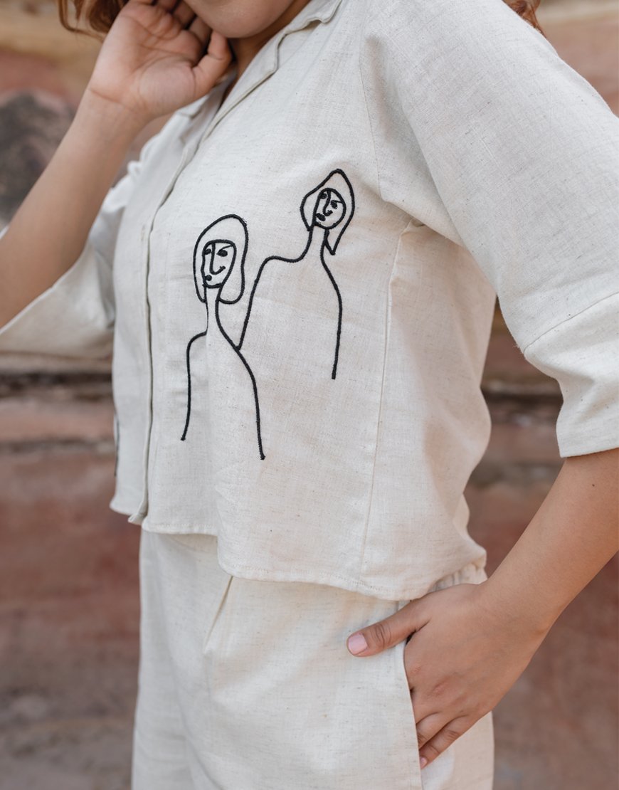 Artsy Khadi Cream Co-ord Set Shirt & Shorts