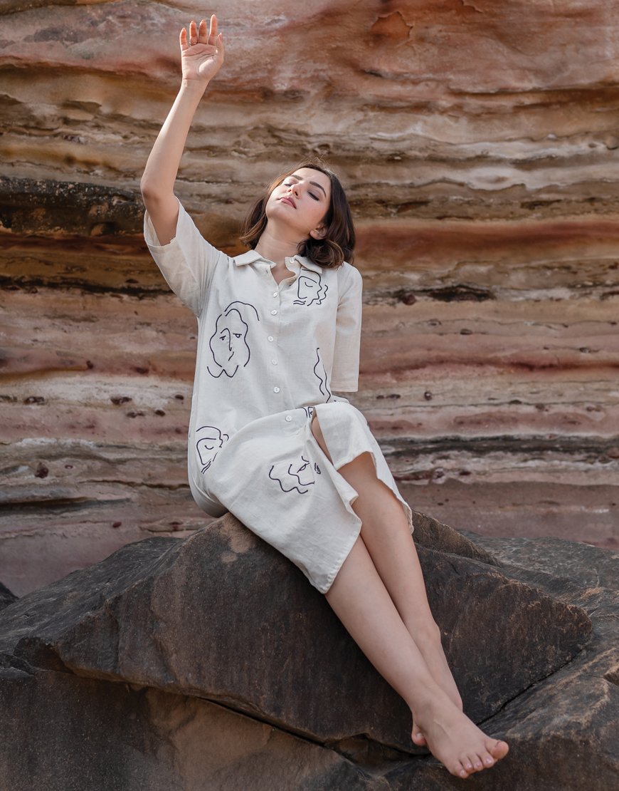 Artsy Khadi Cream Shirt Dress