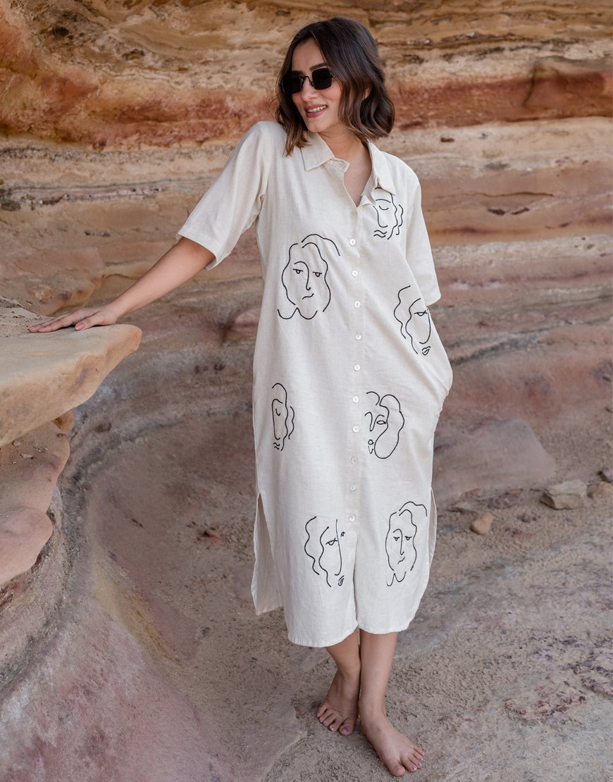 Artsy Khadi Cream Shirt Dress
