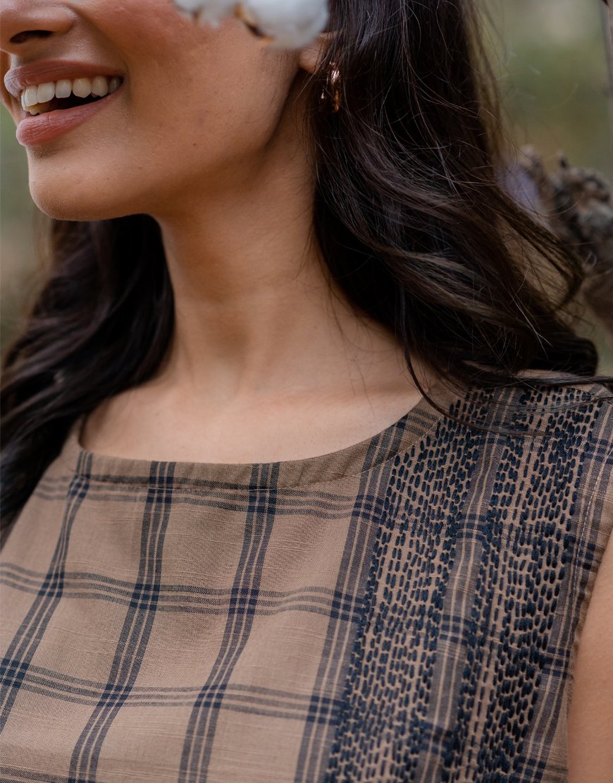 Brown Checkered Embroidery Top