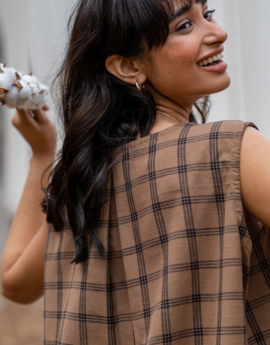 Brown Checkered Embroidery Top