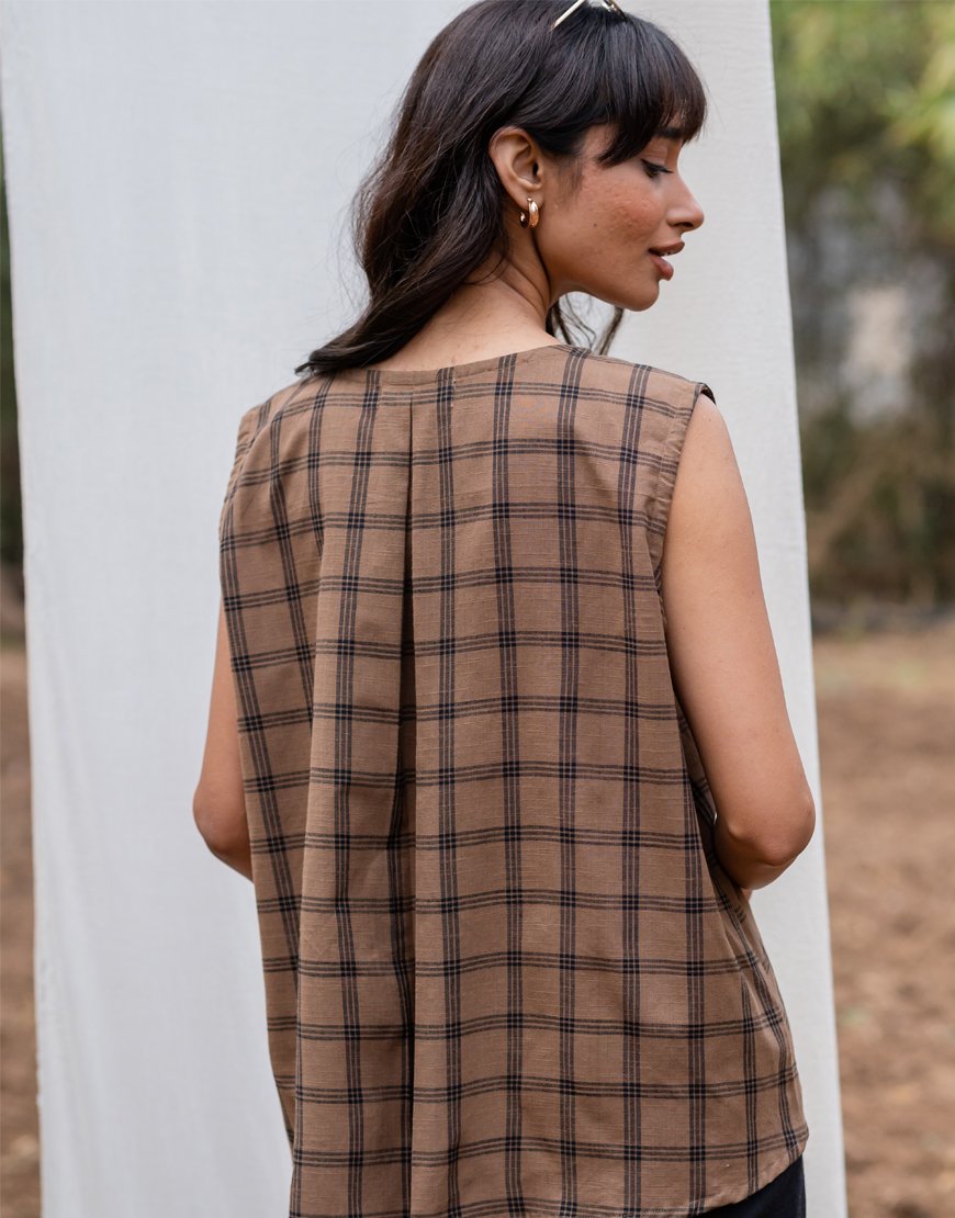 Brown Checkered Embroidery Top