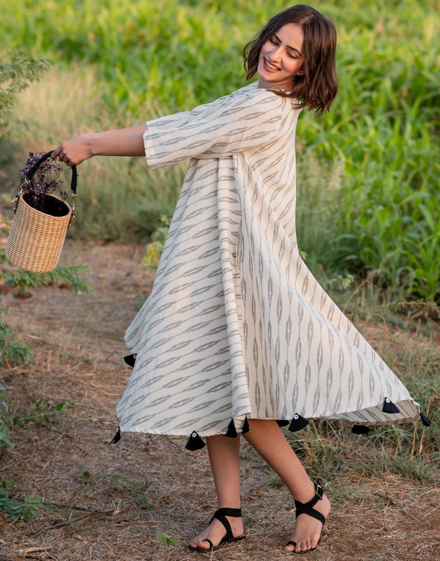 Cream Ikkat Flare Dress