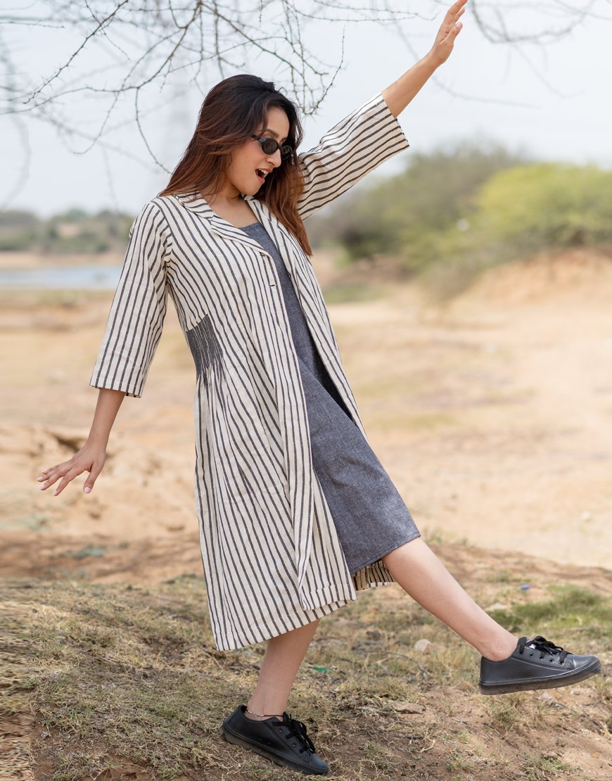Grey Striped Jacket With Dress