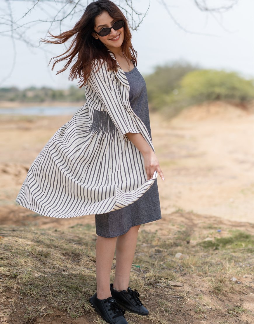 Grey Striped Jacket With Dress