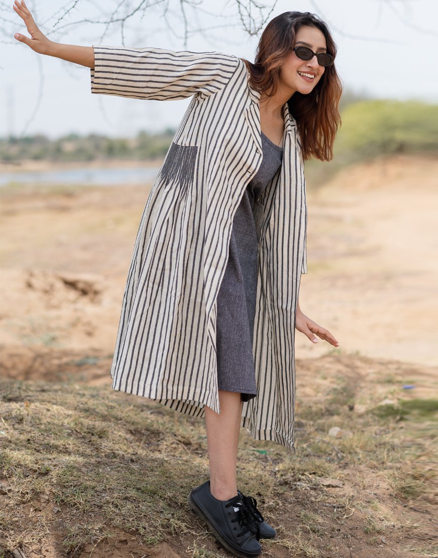 Grey Striped Jacket With Dress