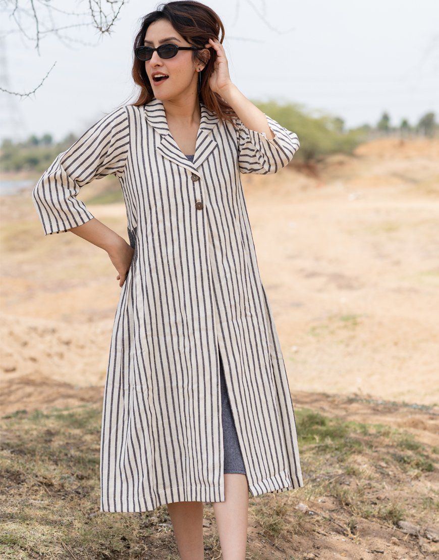 Grey Striped Jacket With Dress