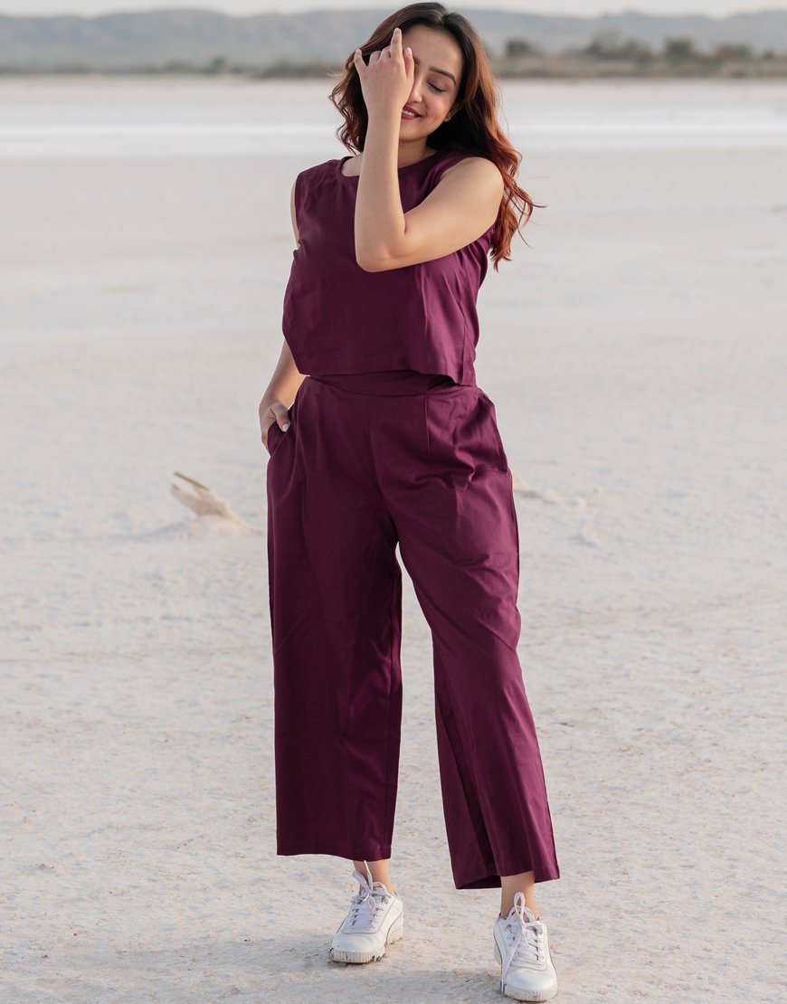 Mulbery Wine Co-ord Set Palazzo & Crop Top