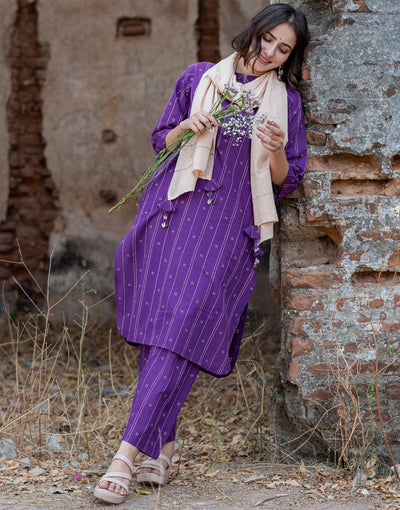 Purple Weave Co-ord Set with Stole