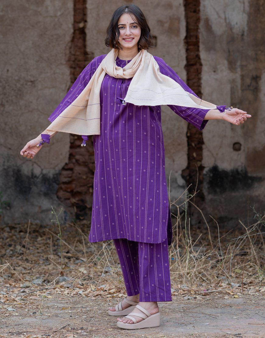 Purple Weave Co-ord Set with Stole