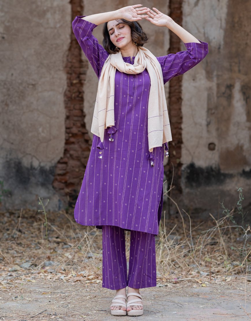 Purple Weave Co-ord Set with Stole